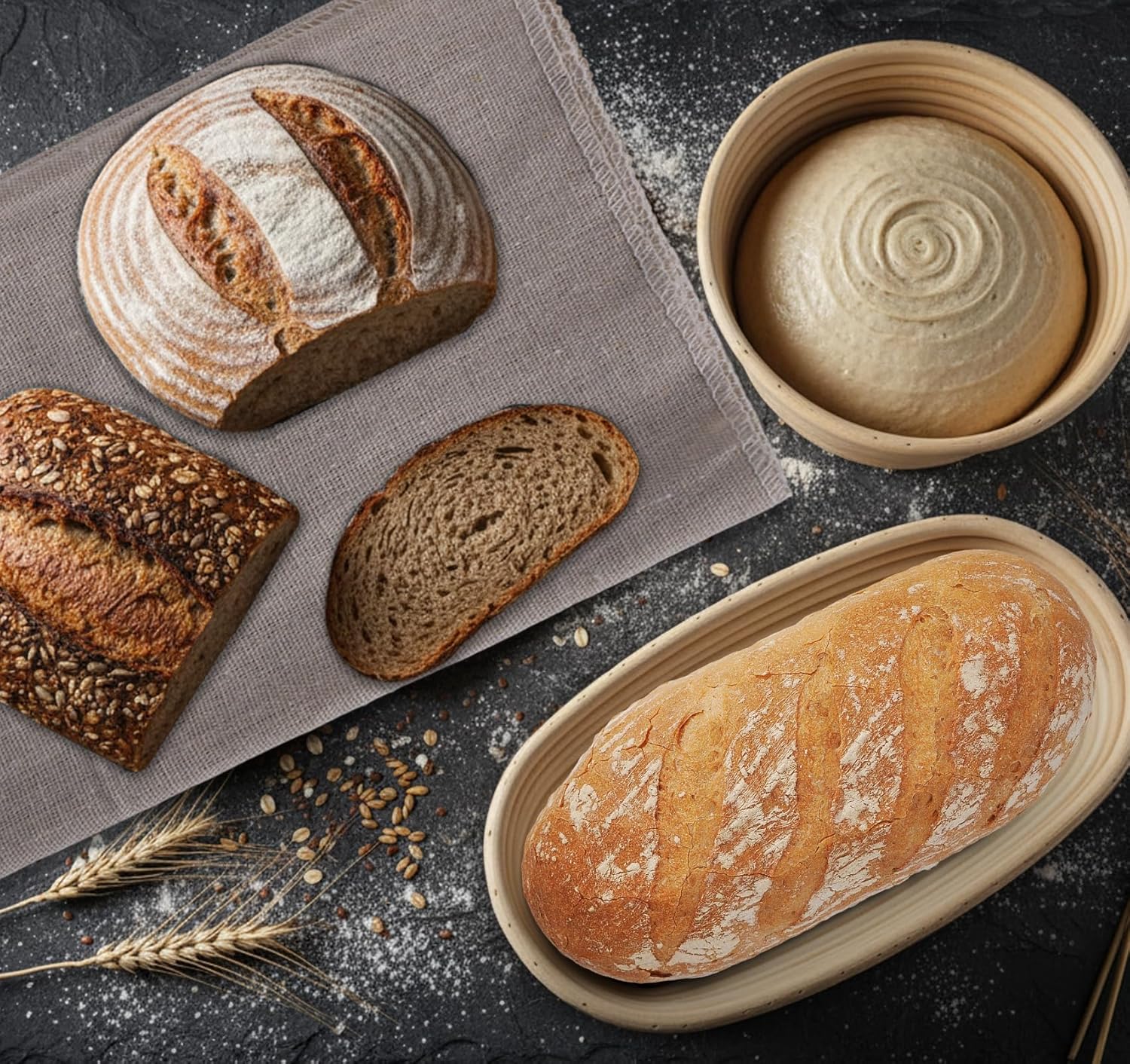 Brot Gärkorb Set, 23cm Rund & 25cm Oval Brotkörbchen