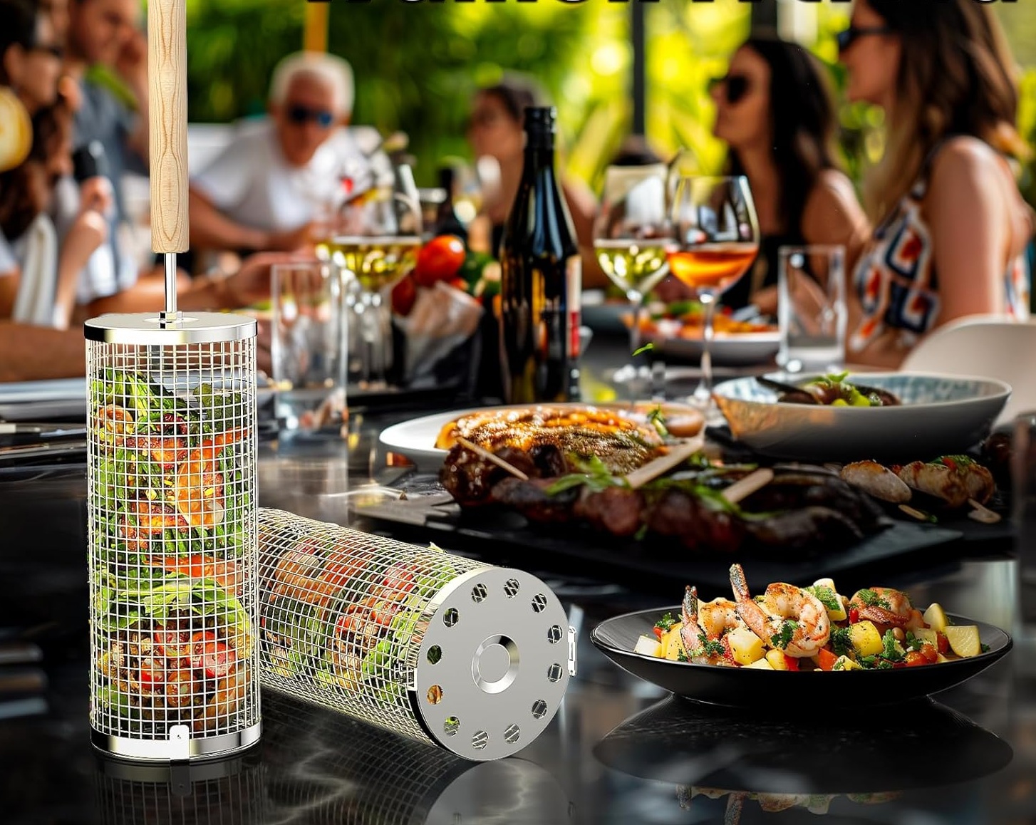 ivtivfu Nestbar Rollender Grillkorb, Abnehmbarer Holzgriff