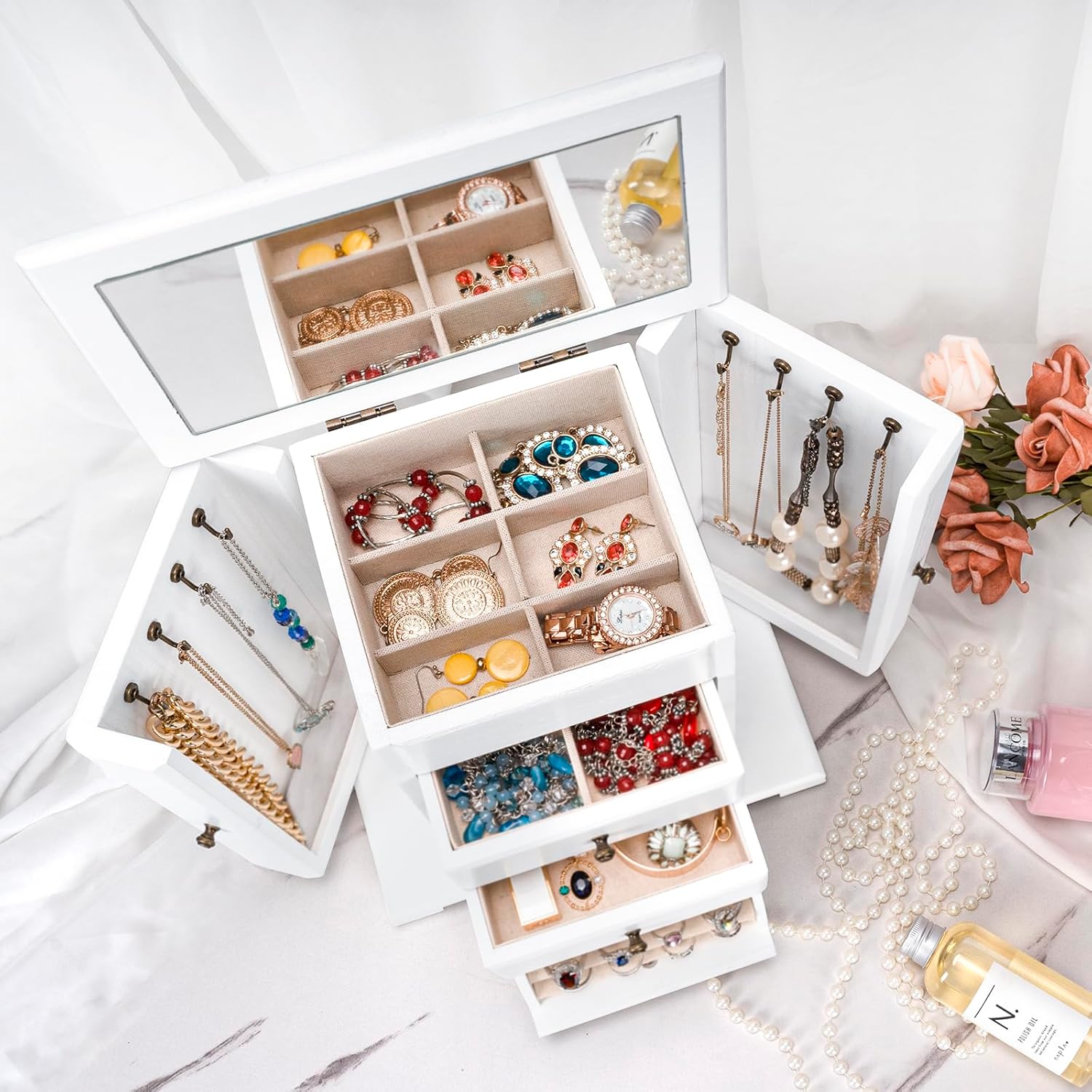 emfogoo Schmuckkästchen aus rustikalem Holz in verwittertem Weiß