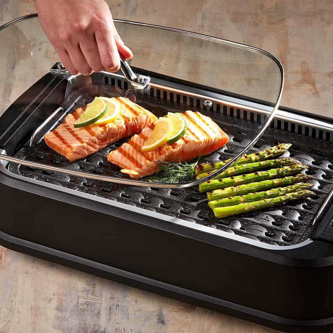 PowerXL Smokeless Grill - elektrischer Tischgrill mit Grillplatte, Grillrost & Glasdeckel