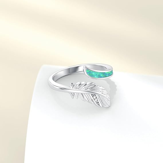 Feder Ring 925 Sterling Silber Opal 