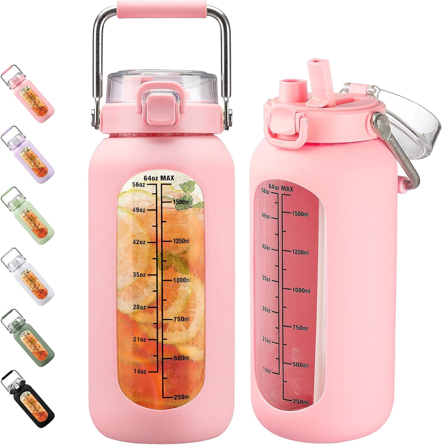 Glaswasserflasche mit Edelstahlgriff und Zeitmarkierung 2L Trinkflasche Borosilikatglas