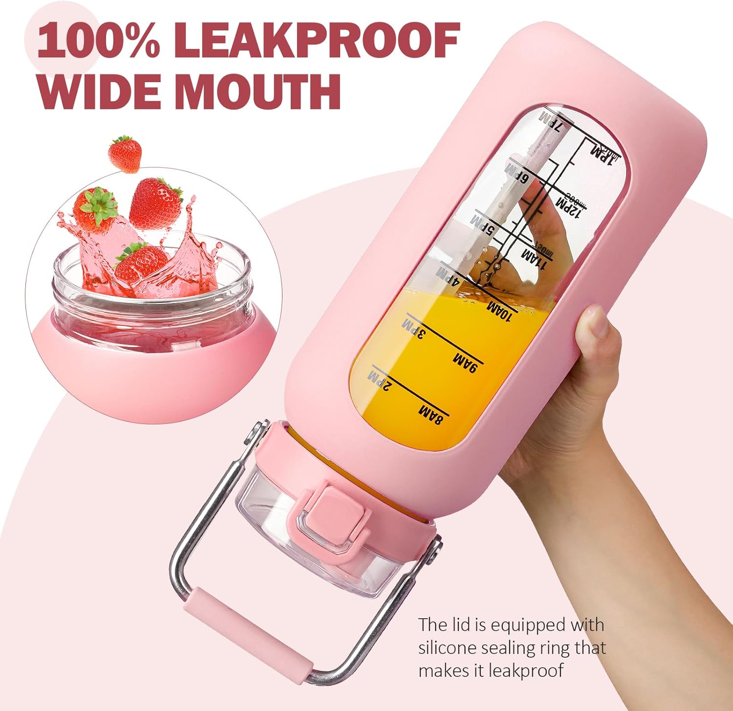 Glaswasserflasche mit Edelstahlgriff und Zeitmarkierung 2L Trinkflasche Borosilikatglas