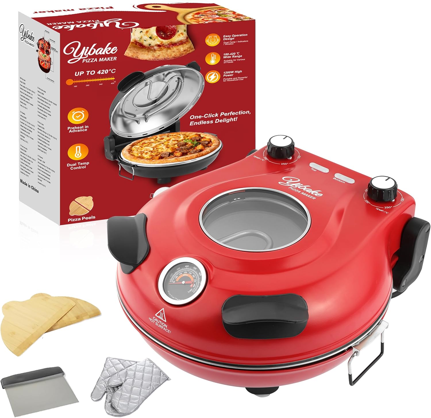 Pizzaofen Elektrisch, 1200W Pizzaofen in 4-Min-Pizza