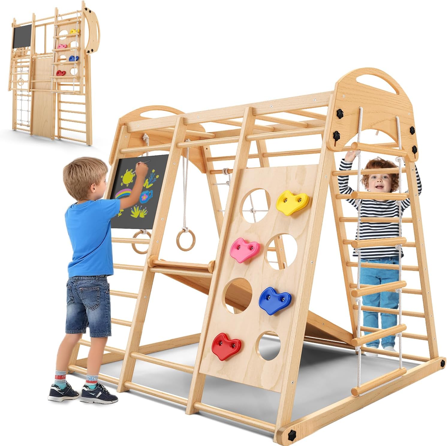 Klettergerüst Indoor Klappbar, Montessori 9-in-1 Holzspielplatz mit Rutsche