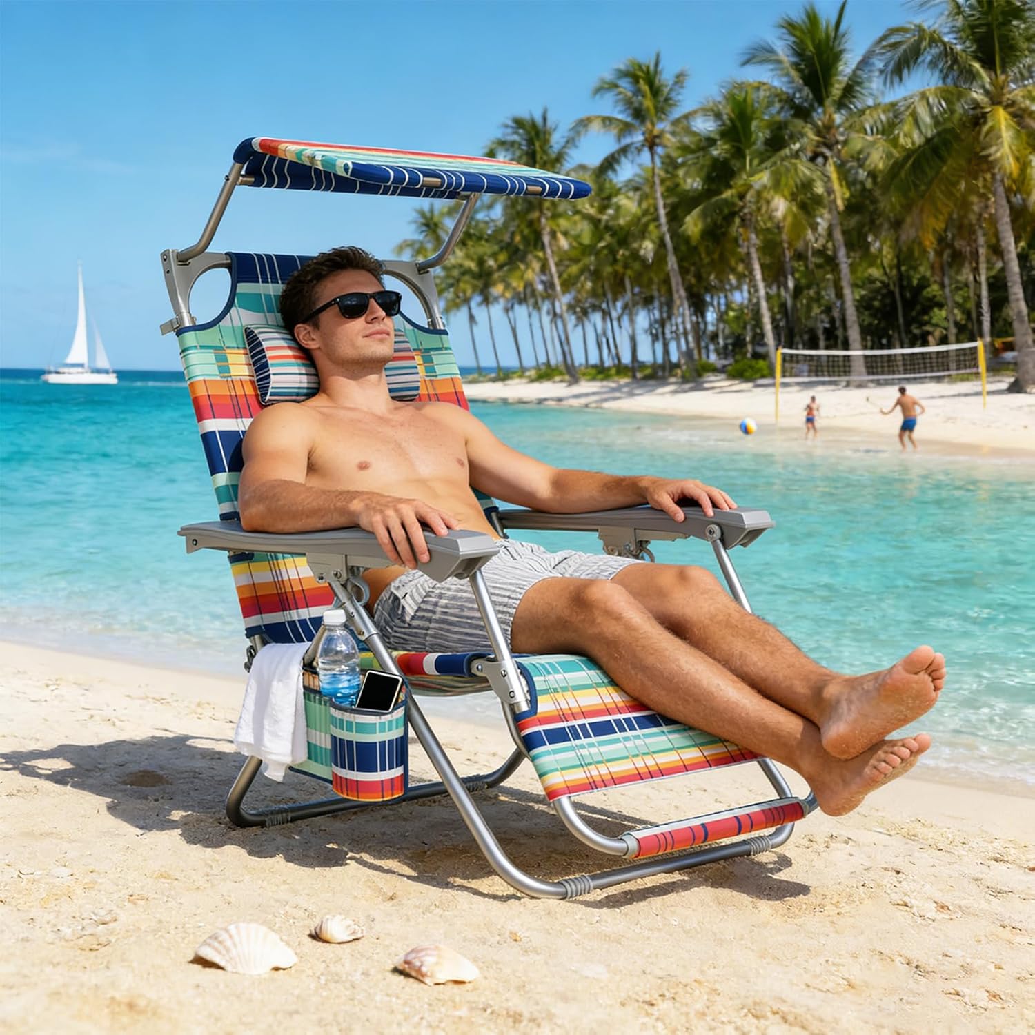 Rucksack Strandstuhl Klappbar Leicht, Strandliege mit Sonnendach