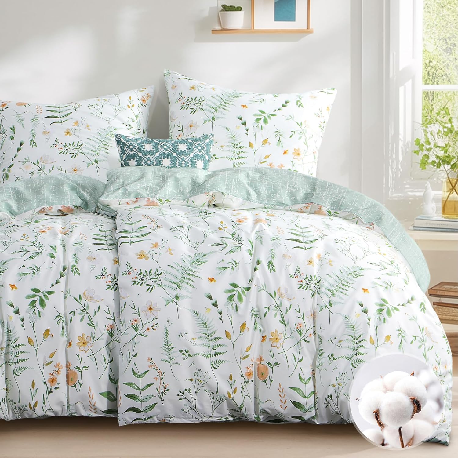 Aisbo Bettwäsche 135x200 4teilig Baumwolle Grün Blumen Muster 