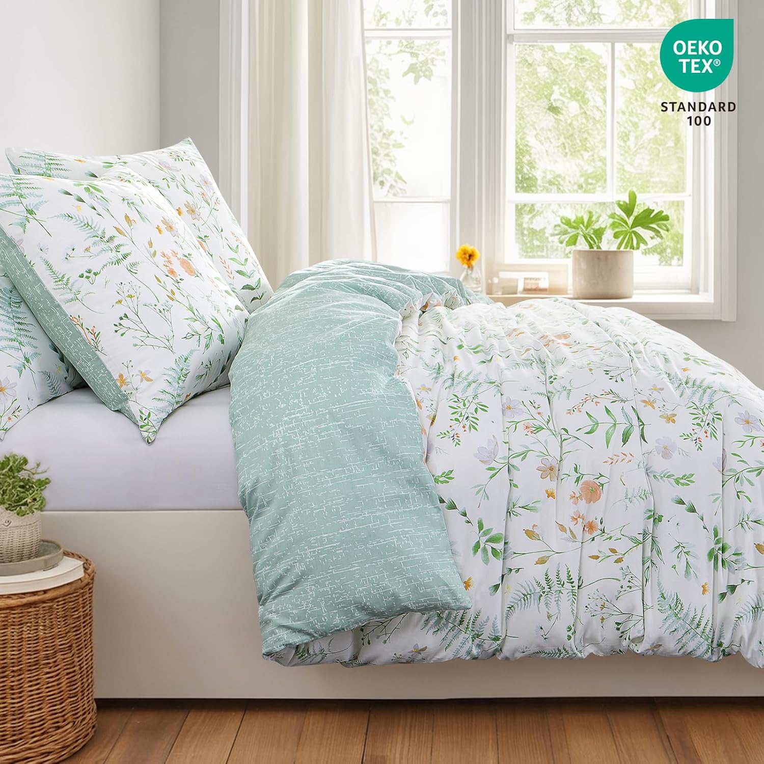Aisbo Bettwäsche 135x200 4teilig Baumwolle Grün Blumen Muster 