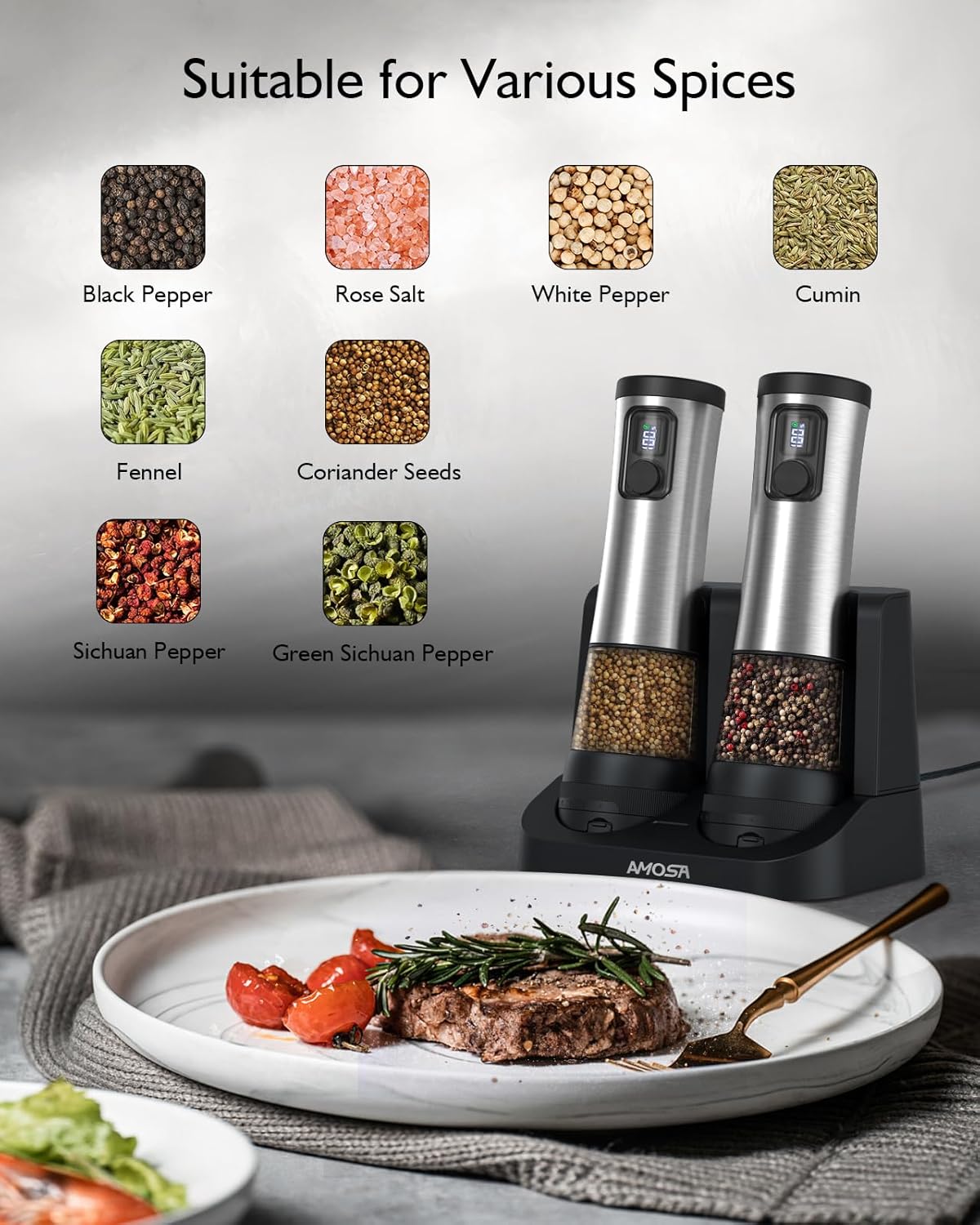 AMOSA Salz Und Pfeffermühle Elektrisch Set