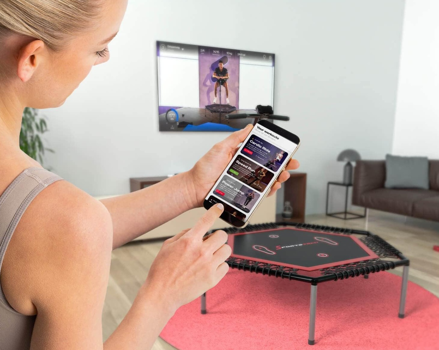 Sportstech, Fitness Trampolin + Sprungzähler, Pulsgurt und App