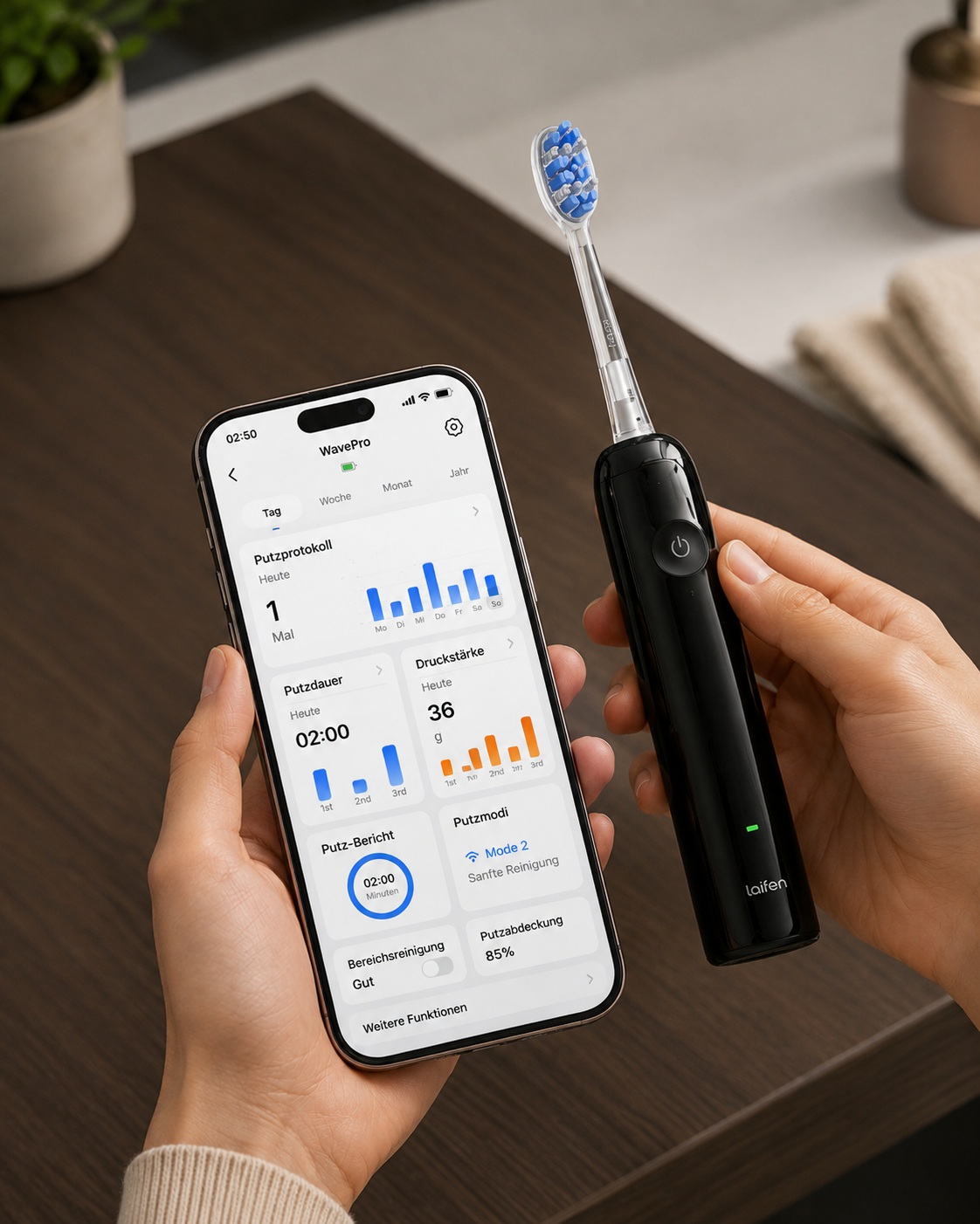 Laifen Wave Pro Elektrische Zahnbürste, 60° WaveMotion, Transparent Schwarz