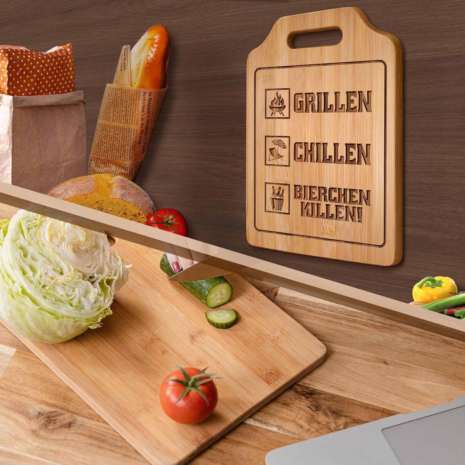 Grill Bambus Schneidebrett „Grillen, Chillen, Bierchen killen“