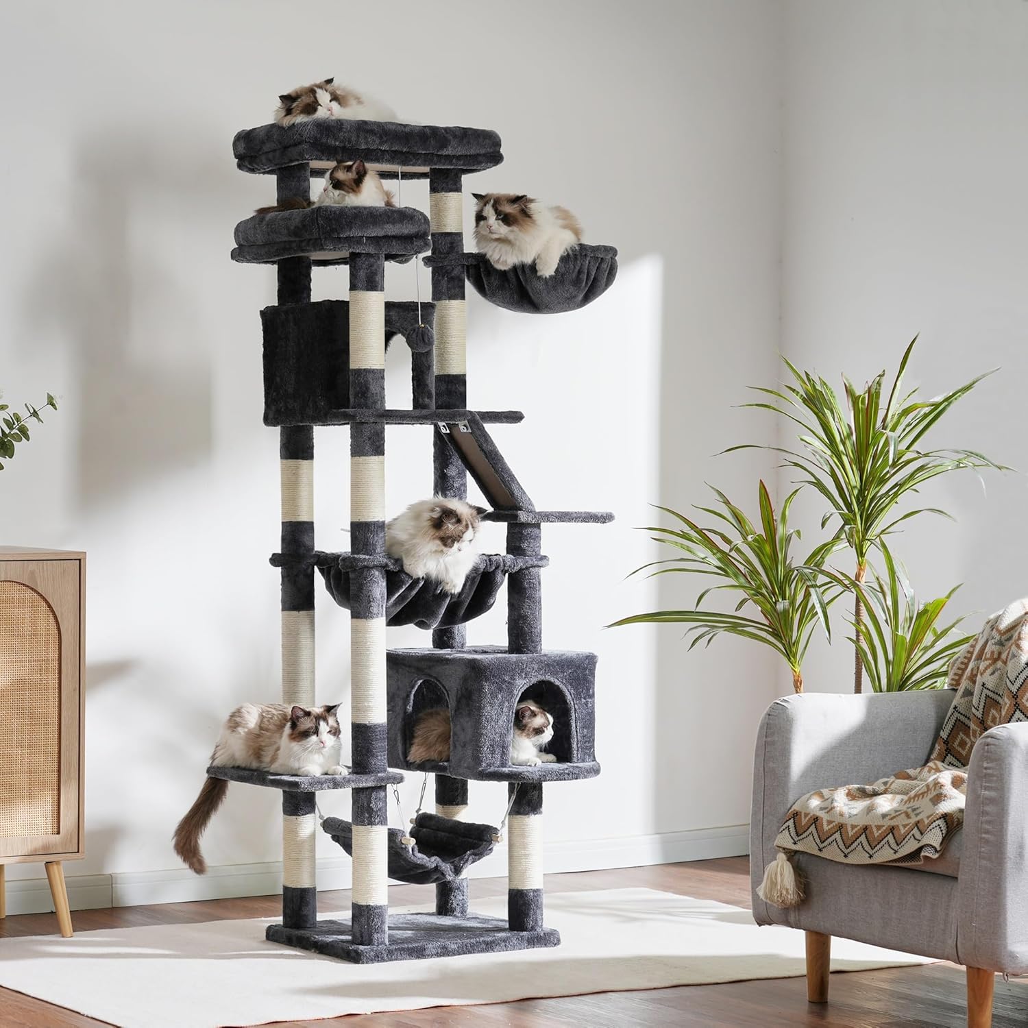 Heybly Kratzbaum, 180 cm Hoher Katzenturm für Wohnungskatzen mit 2 Plattformen