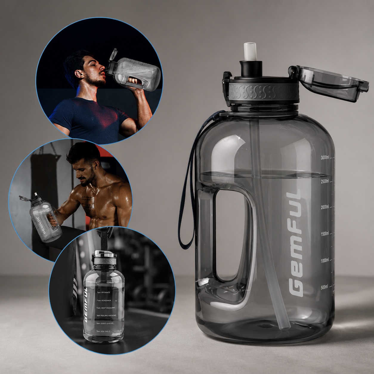 GEMFUL 3L Trinkflasche mit Zeitmarkierung & Strohhalm