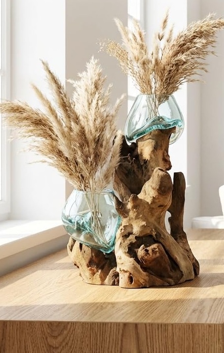 Doppel Glas-Vase auf Wurzel-Holz Gamal 