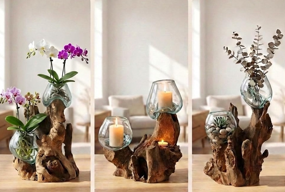 Doppel Glas-Vase auf Wurzel-Holz Gamal 