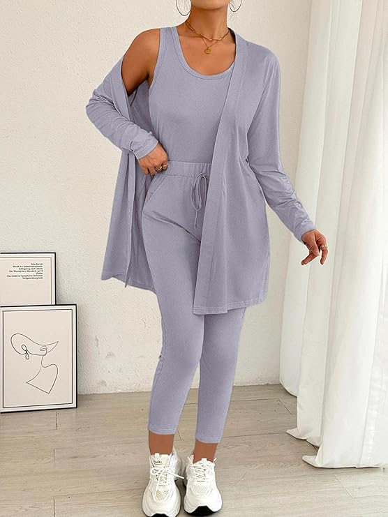 3-teiliges stilvolles Lounge-Set für Damen, mit langen Hosen, Tanktop und Oberbekleidung
