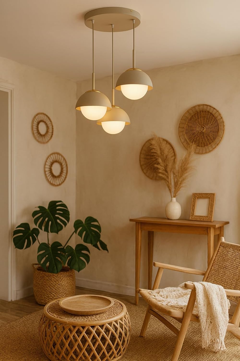 Pendellampe 3-flammig Beige – Cosmo Ecru Kaschmir Hängeleuchte aus Metall & Glas