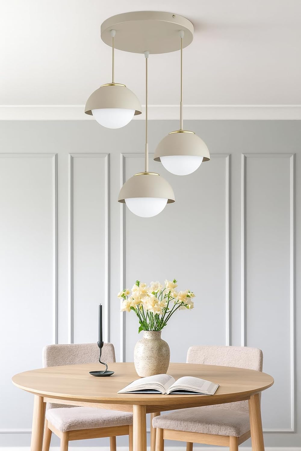 Pendellampe 3-flammig Beige – Cosmo Ecru Kaschmir Hängeleuchte aus Metall & Glas