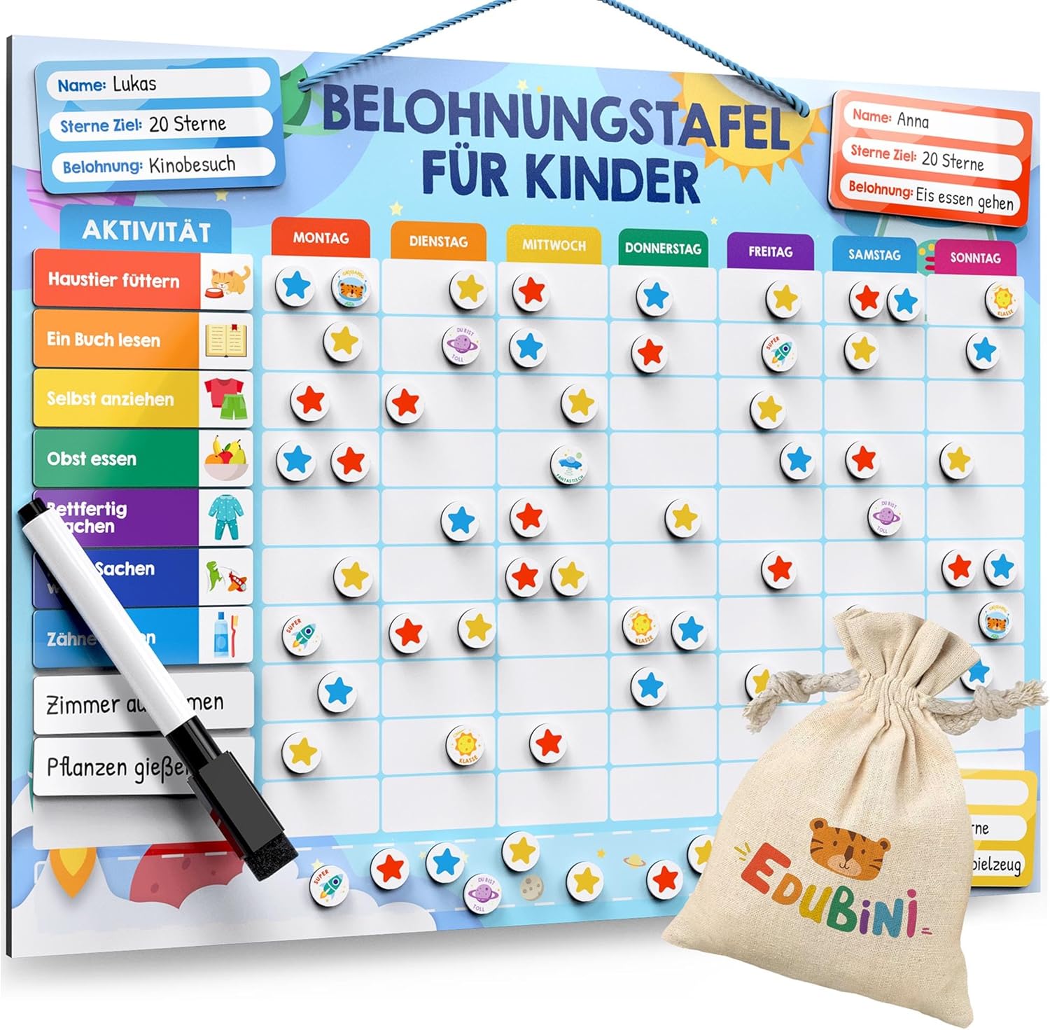 Edubini Belohnungstafel Kinder - [100 Aufgaben + 350 Magnete]
