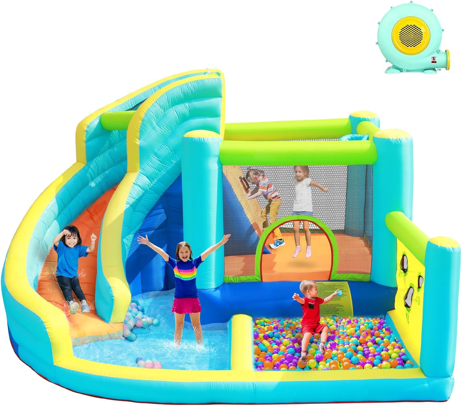 FBSPORT Hüpfburg mit Gebläse, Wasserspielcenter mit Trocken/Wasserrutsche